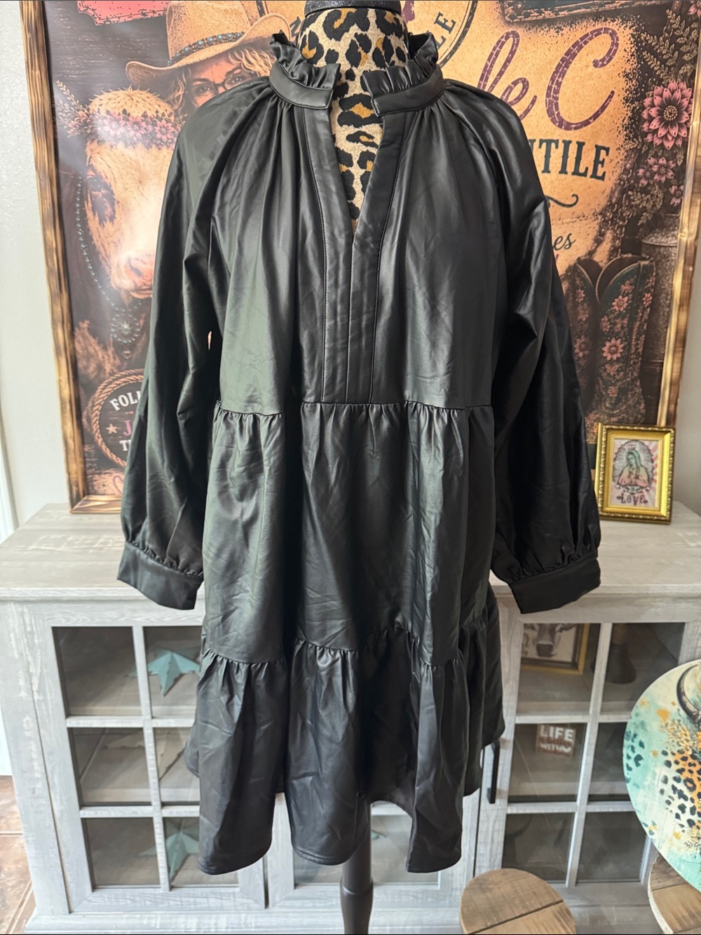 First Love Women's Black Faux-Leather Ruffled Tiered Dress - Sz 2XL